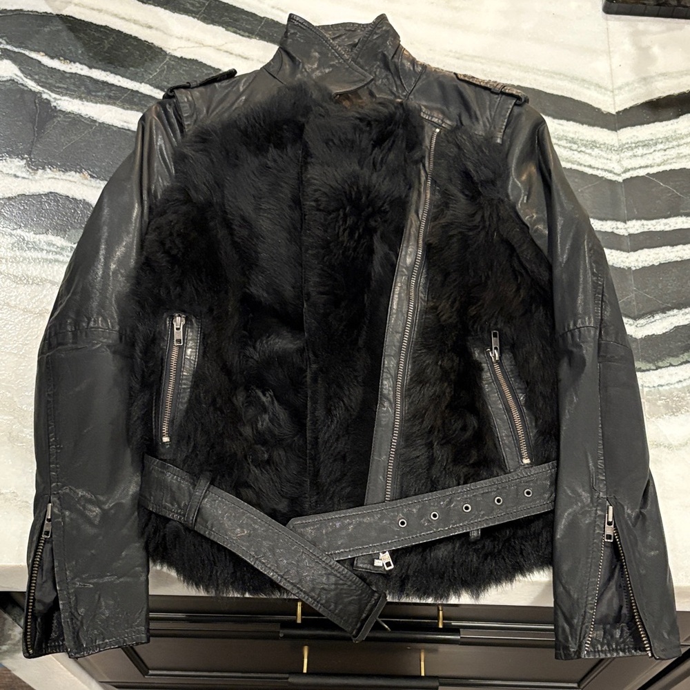 Muubaa Black Genuine LeatherJacket/Vest with GENUINE FUR front, Size US 6